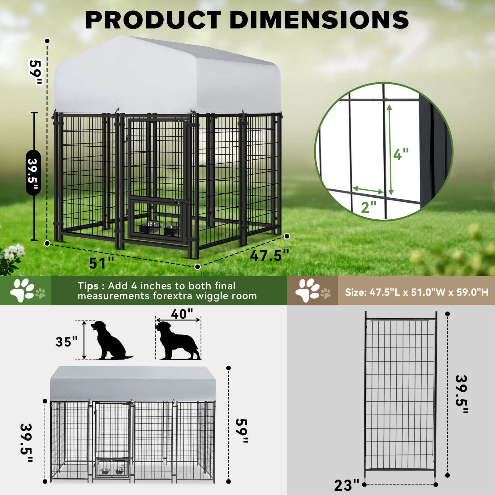 Oranland 4 x4 x5FT Outdoor Large Dog Kennel, Heavy Duty Modular Dog Cage with Waterproof Cover, Dog Playpen with 2 Rotating Bowls & Secure Lock for Patio, Garden, Backyard