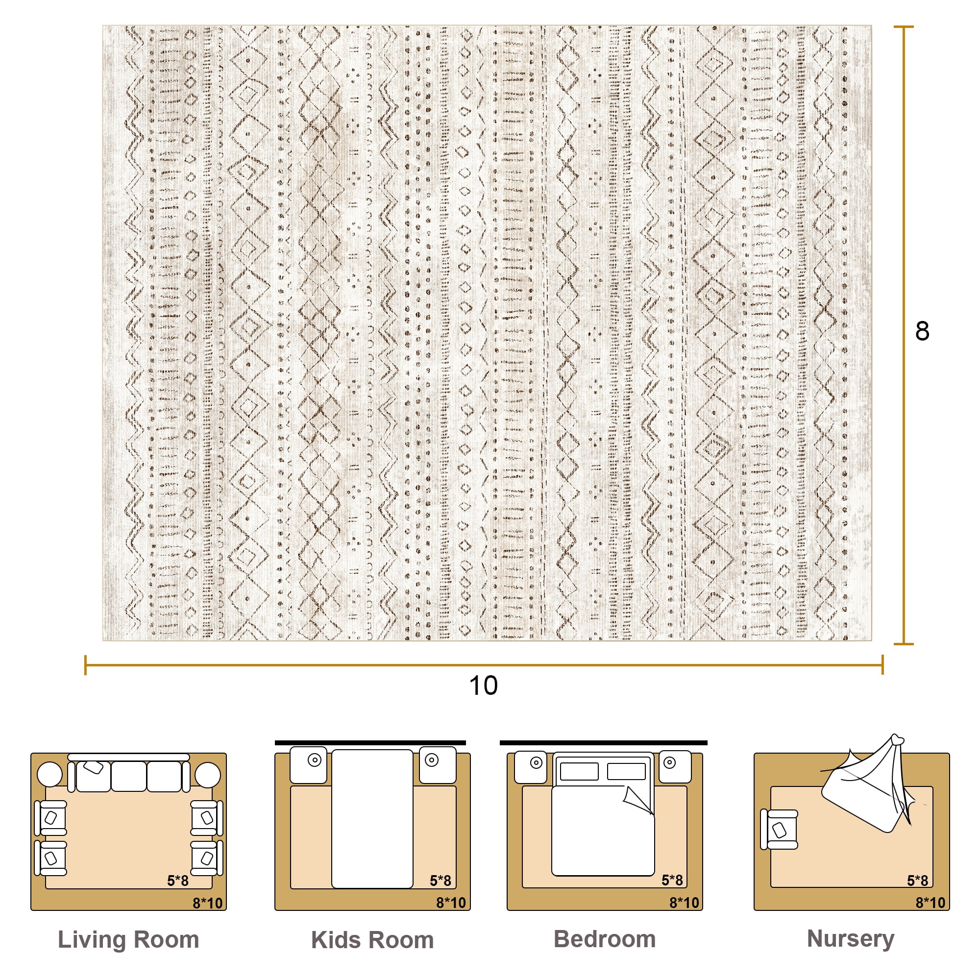 Nefoso 8ft x 10ft Area Rugs, Washable Area Rugs for Living Room Bedroom Home Decor, Non-Slip Carpet, Bohemian Geometric, Brown