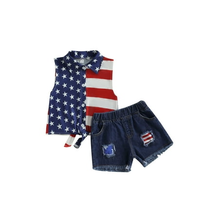 

4th of July Toddler Kids Baby Girl Outfits Stars Stripe Sleeveless Lapel Button Down Shirt Denim Shorts Set Summer Clothes