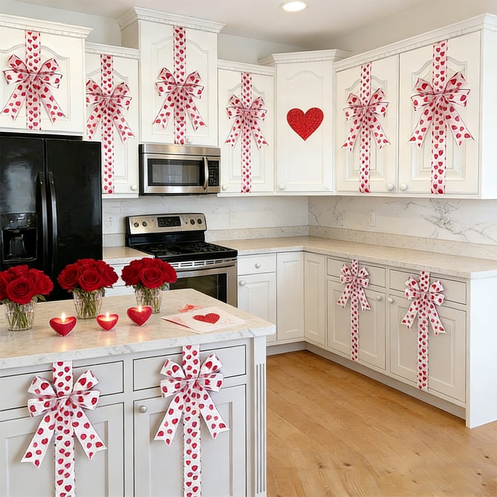 6Pcs Valentines Day Cabinet Ribbon Bows Set Heart Print Fabric Bows for Window & Kitchen Decorations, Party Supplies(Red Love)