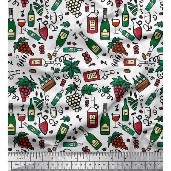 Soimoi Velvet Fabric Grapes Wine Bottle & Glass Bar Print Fabric by The Yard 58 Inch Wide