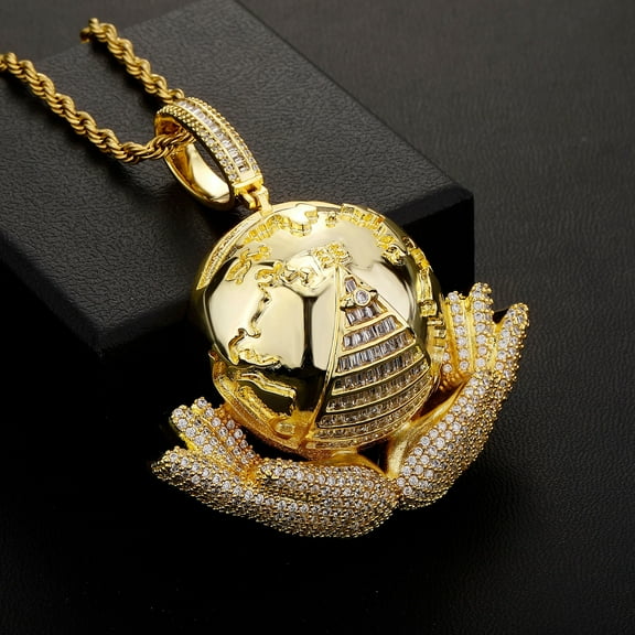 Hip Hop 3A  CZ Stone Paved Bling Iced Out Cherish the Earth 14K Yellow Gold Pendant Necklace for Men Rapper Jewelry Golden Silver Color