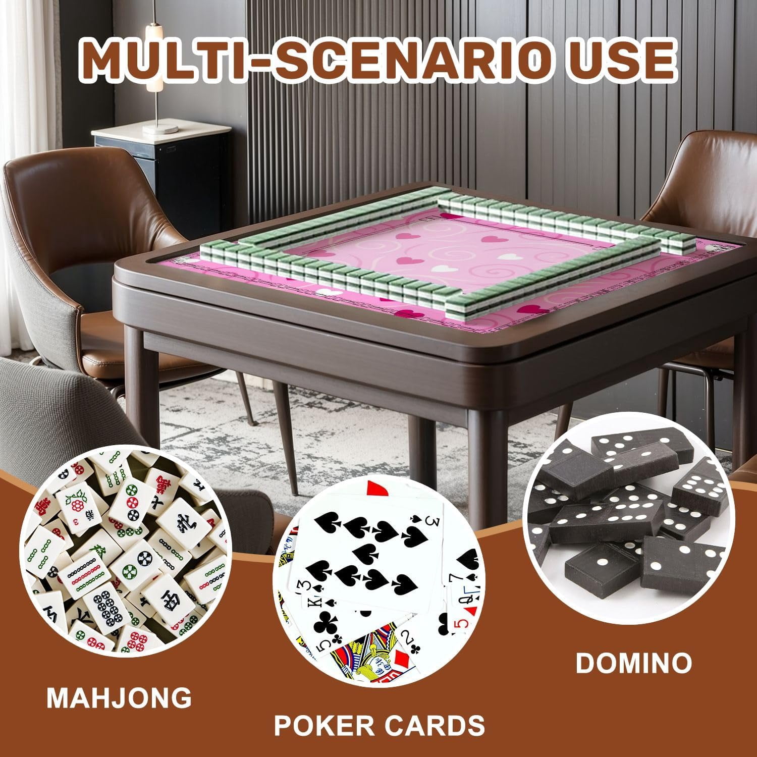 Mahjong Mat 31.5" x 31.5" Pink Swirls Hearts White Dark Red Accents Non-Slip Noise Reduction Mahjong Tiles Table Cover for Dominoes Poker Card Board and Tile Games