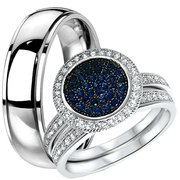 His Hers Sterling Silver CZ Bridal Blue Black Titanium Wedding Band Engagement Ring Set