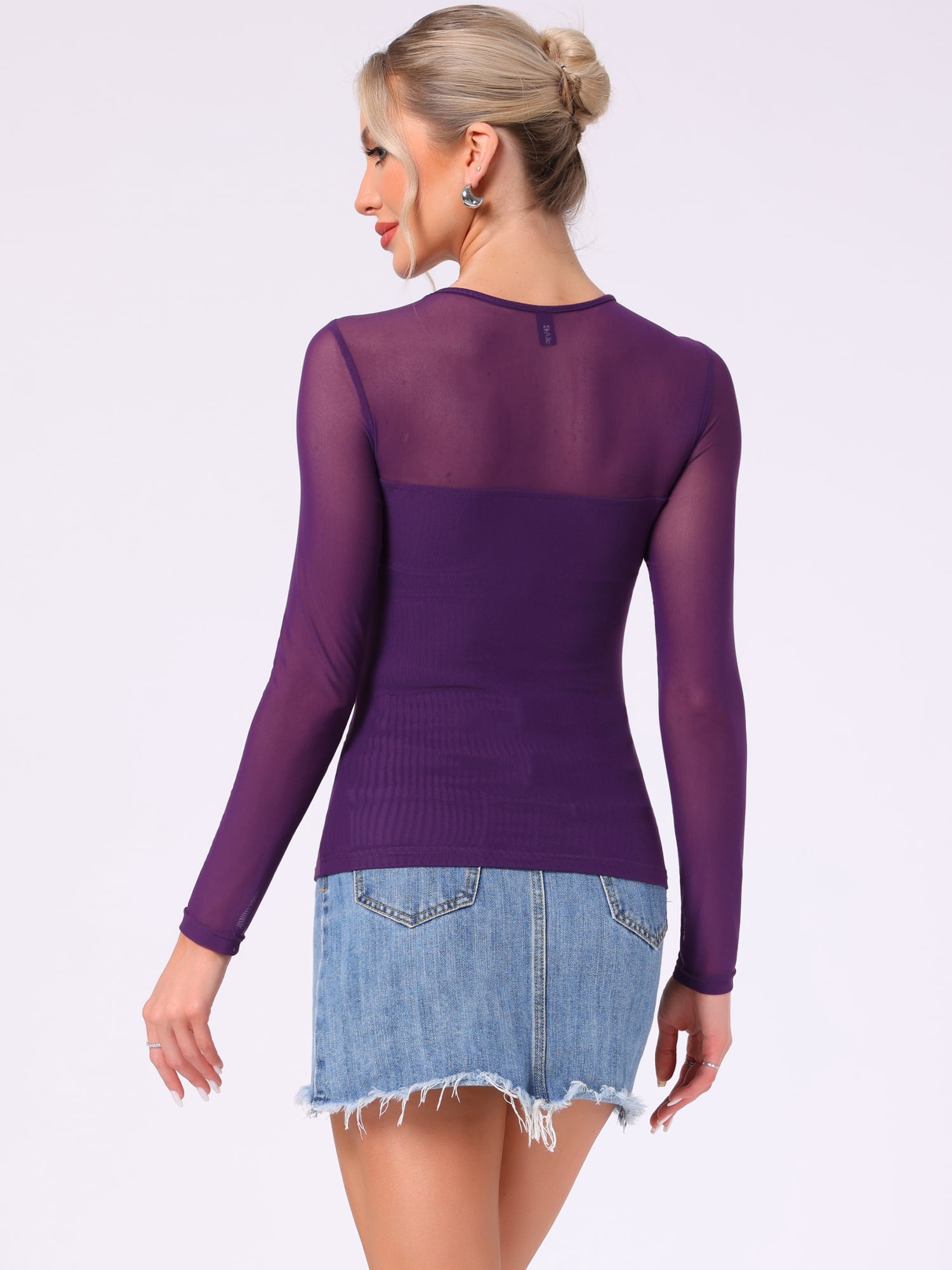 DARING DIVA Women's Mesh Long Sleeve See Through Sheer Top XL Dark Purple