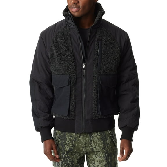 BASS OUTDOOR Mens Mixed Media Full Zip Bomber Jacket Caviar Black Small