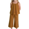 thumbnail image 3 of Avtoify Girls Solid Color Round Neck Pleated Sleeveless Top Summer Kids Shirts Wide Leg Pants 2 Piece, 3 of 8