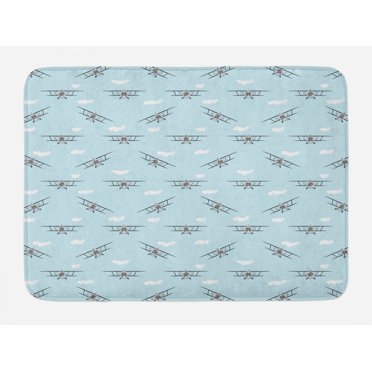 Airplane Bath Mat, Old Aircraft Biplanes in Blue Sky Speedy Propellers Wings Retro Design, Non-Slip Plush Mat Bathroom Kitchen Laundry Room Decor, 29.5 X 17.5 Inches, Pale Blue Black White, Ambesonne