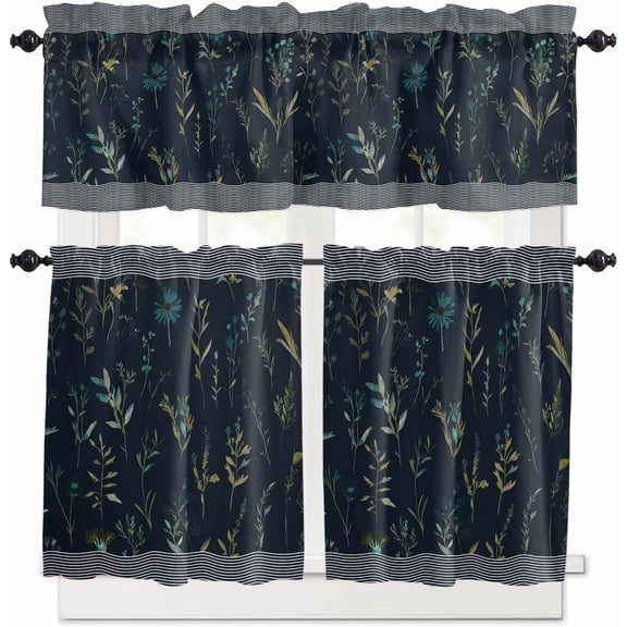 Blue Flowers Kitchen Curtains and Valances Set, Rod Pocket Curtains Tier Farmhouse Window Curtains 36 Inch Length, Spring Botanical Floral Leaves Stripes 3 Piece Kitchen Curtains Set