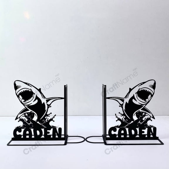Craftnamesign Custom White Shark Bookends for Shelves, Shark Sea Animal Metal Table Decor