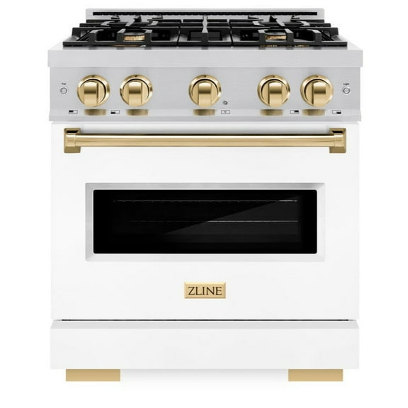 ZLINE Autograph 30" 4.2 cu. ft. Classic Dual Fuel Range with 4 Burners in Stainless Steel with White Matte Door and Polished Gold Accents, CDRZ-WM-30-G