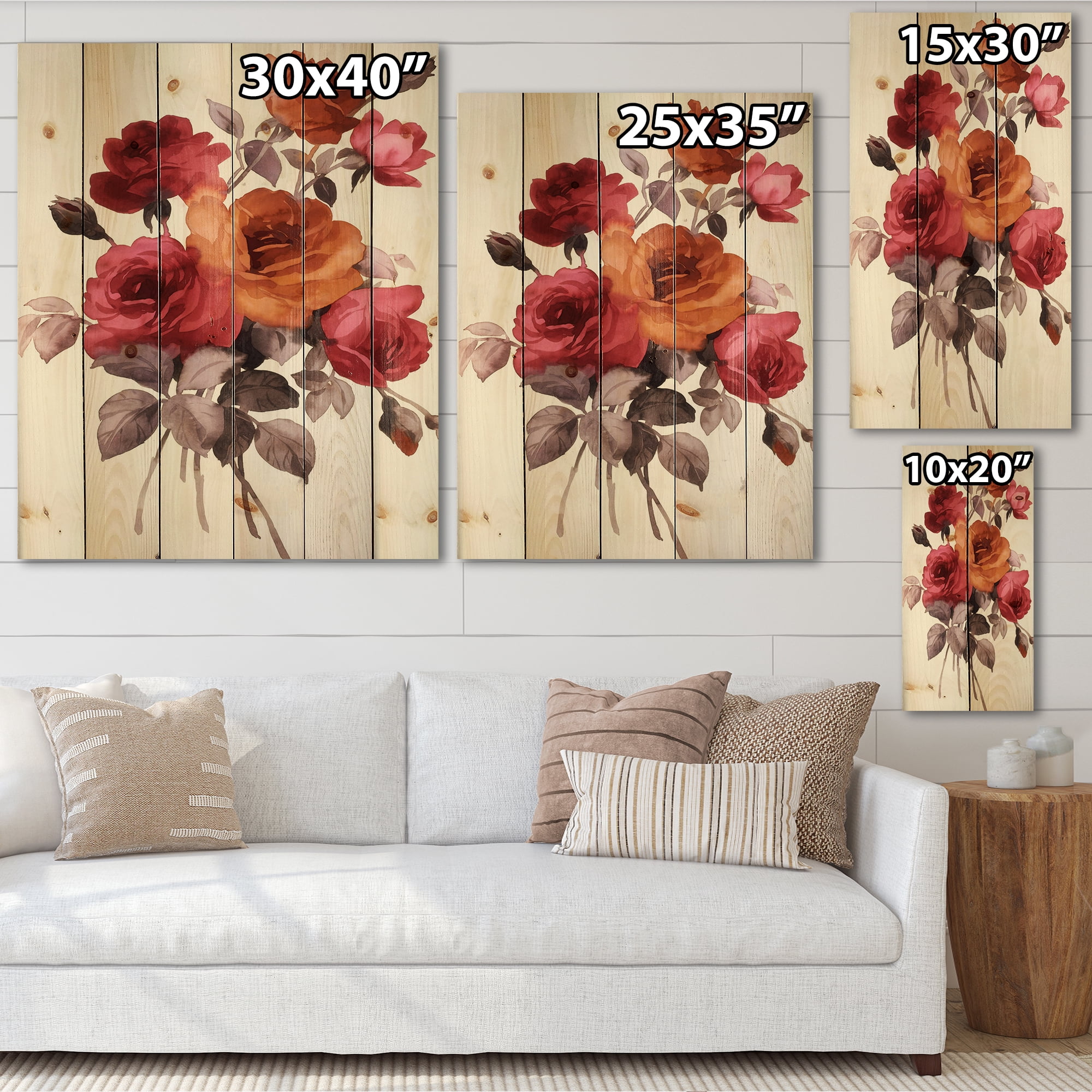 Designart 'Vintage Red and Orange Roses' Traditional Print on Natural Pine Wood