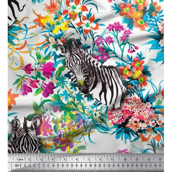 Soimoi Blue Cotton Duck Fabric Leaves,Floral & Face Animal Print Fabric by The Yard 42 Inch Wide