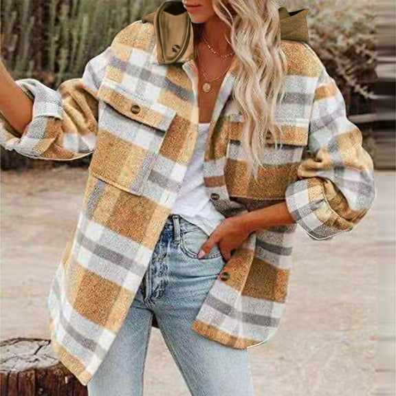 Gifts Usmixi Womens Winter Wool Jacket Womens Plaid Jacket Long Sleeve Button up Cozy Flannel Shirt Coat Loose Casual Hooded Shacket Outerwear with Pocket 2025 Wool Jacket