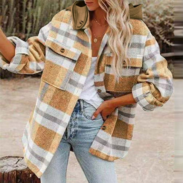 Puntoco Chaqueta De Mujer Top Informal De Invierno para Mujer Camisa Estampada A Cuadros Sueltas Abrigo/Chaqueta Informal con Capucha De Manga Larga De Lana Liquidación Navideña Puntoco Puntoco-27