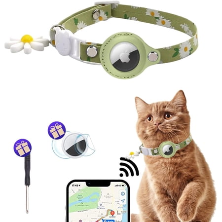 Airtag Cat Collar  Daisy Print Collar Breakaway with Airtag Holder  Airtag Cat Collar with Sunflower Pendant for Girl Boy Cats  Kittens and Puppies(green-1pcs)