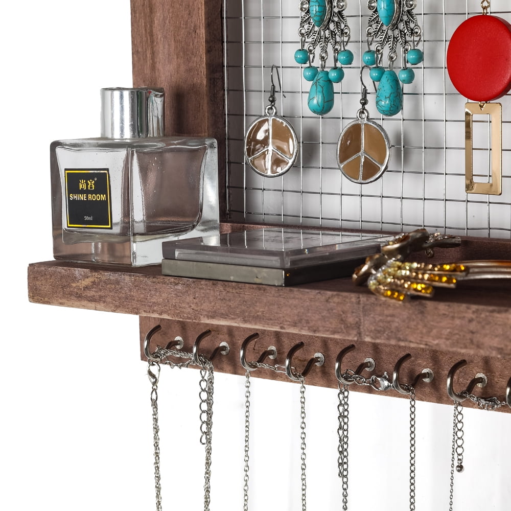 Lowestbest Wall Mounted Jewelry Stand with 16 Hooks, Perfect Earrings, Necklaces, Brown