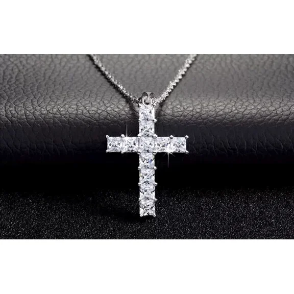 2Ct Princess Cut Simulated Diamond Women's & Men's Cross Chain Pendant 14K White Gold Plated 925 Sterling Silver