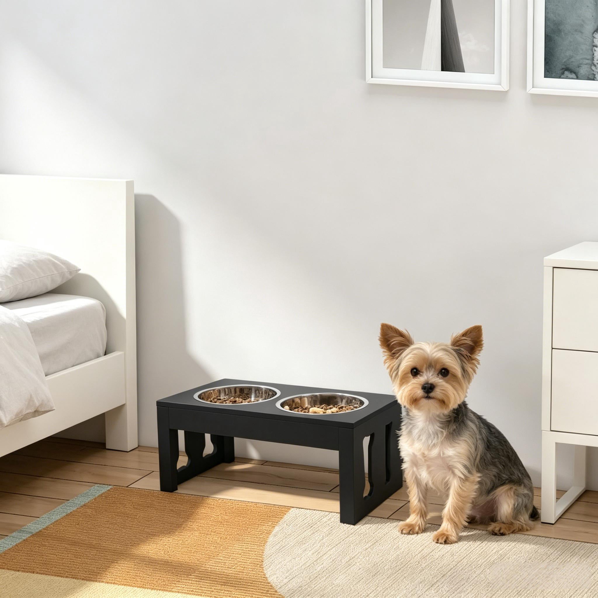 Black Elevated Double Bowls Pet Feeder, Raised Dog Feeding Station with Removable Stainless Steel Bowls, Water-Resistant MDF Frame & Non-Slip Base for Medium Sized Dogs