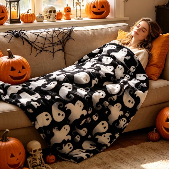 BiFandian Halloween Ghost Print Fleece Throw Blanket, Ultra-Soft Flannel Lightweight Ghost Couch Blanket, Halloween Decorative Soft Plush Throw for Halloween Party Sofa Bed Home Decor