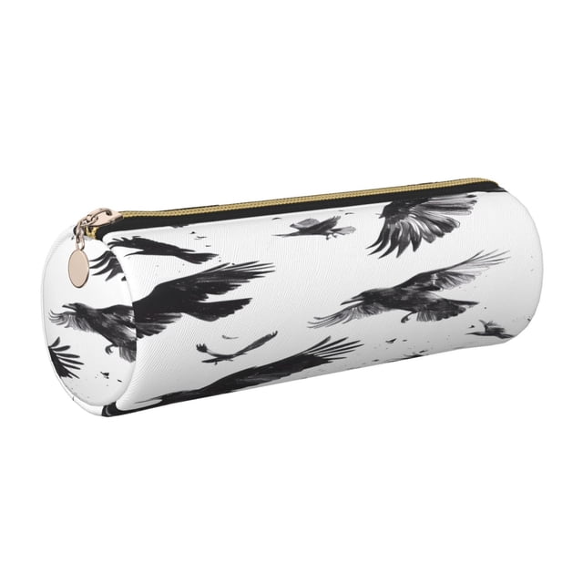Easygdp Monochrome Flying Ravens para Estuche de Lápices Cilíndrico de Cuero con Cremallera, Organizador de Lápices de Cuero para Escuela, Oficina y Viajes