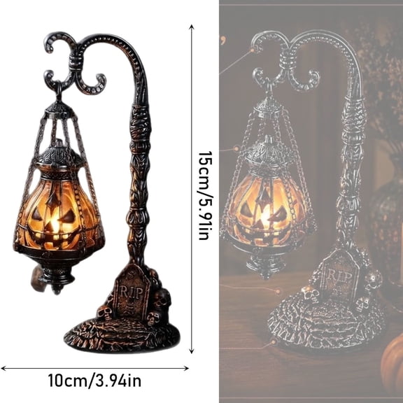 Halloween Gothic Pumpkin Lantern Halloween Lamp Spooky Skull Detail Resin Tabletop Light Vintage Goth Decor for Bedroom Bar Halloween Party Holiday Gift for Horror Lovers