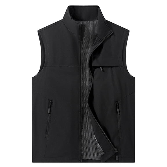 Ceisia Men's Sleeveless Vest Solid Color Lightweight Breathable Multi-Pocket Lapel Collar Outdoor Fishing Photography Utility Vest Black Gifts for Father 4X