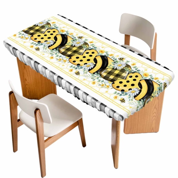 Bee Daisy Table Cloths for 3 Foot Rectangle Tables, Eucalyptus Leaves Botanical Love Plaid Patio Waterproof Elastic Fitted Tablecloths, Washable Rectangular Table Cover for Camping