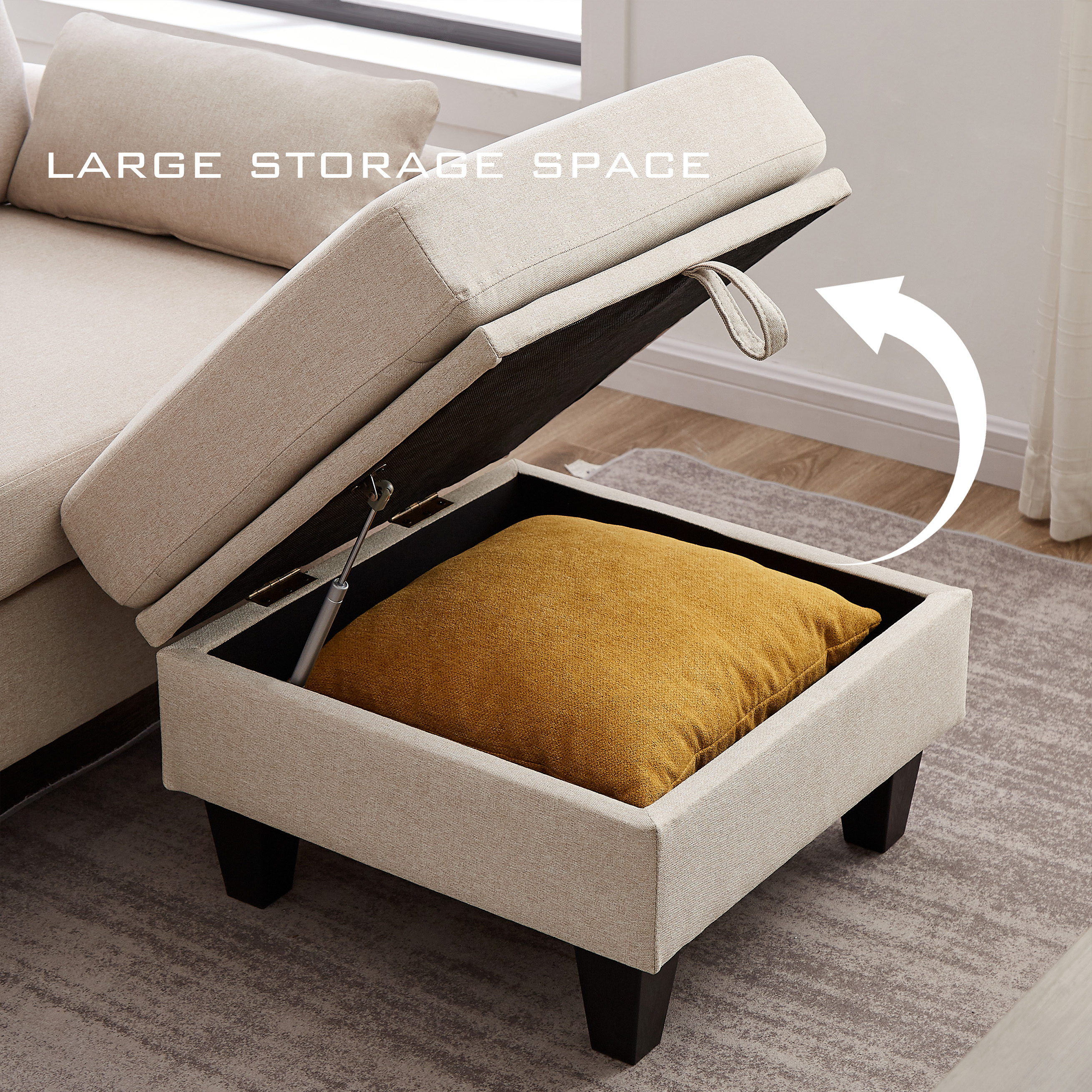 Soscana 102" Sectional Sofa Couch with Storage Ottoman and Side Pockets,4 Seater Chaise Sofa L Shaped Couch for Living Room Office Reading Room Apartment Studio