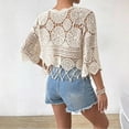thumbnail image 4 of Women's Crochet Lace Beach Cover Up, 3/4 Sleeve Fringe Hem Hollow Out Loose Fit Poncho Top for Summer Vacation, Beige One Size, 4 of 6