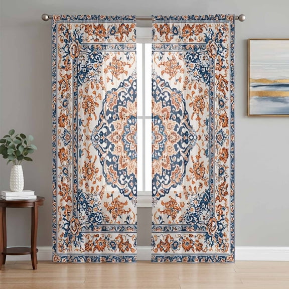 Blue Burnt Orange Boho Sheer Curtains 63 Inch Length 2 Panels Set, Antique Southwestern Ethnic Voile Window Treatment Rod Pocket Curtains Sheers Drapes for Bedroom/Living Room/Kitchen 52x"63"x2