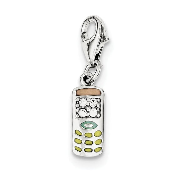 925 Sterling Silver Solid Polished Fancy Lobster Closure Cubic Zirconia and Enameled Cell Phone Charm 26x5.5mm Wide Pend