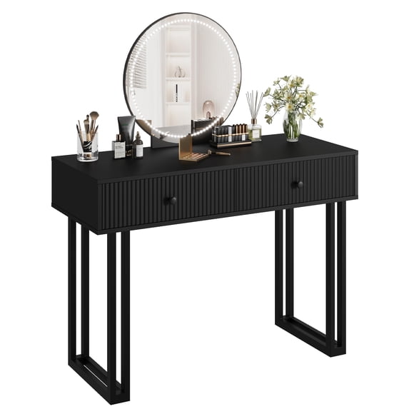 QinaQin Vanity Makeup Desk with HD Lighted Round Mirror, Small Vanity Desk with 2 Drawers
