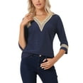 thumbnail image 1 of INSPIRAR CHIC Blusas de Mujer de Manga 3/4 Cuello en V con Contraste de Color y Encaje Trim Casual Azul Marino XS, 1 of 5