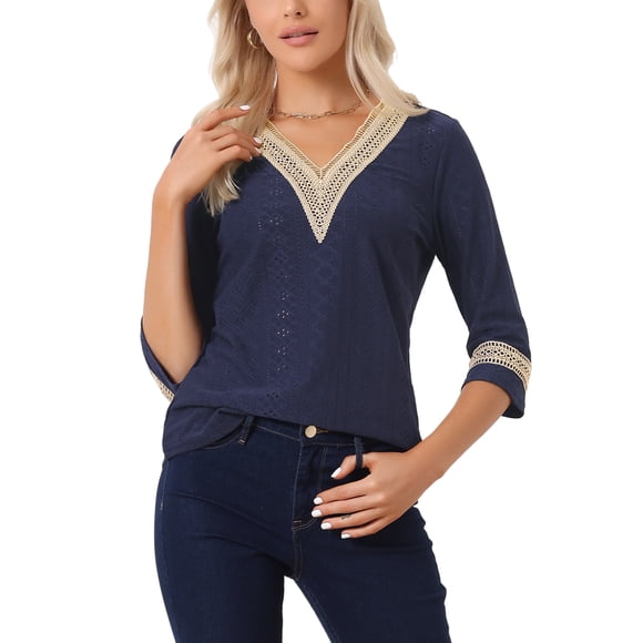 INSPIRAR CHIC Blusas de Mujer de Manga 3/4 Cuello en V con Contraste de Color y Encaje Trim Casual Azul Marino M