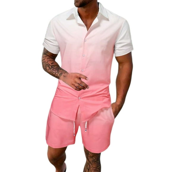 Men Shorts Summer Summer Men's Gradient 3D Print Vacation Shirt and Shorts Set Trendy Casual Outfit Compression Shorts Men Pink XXL