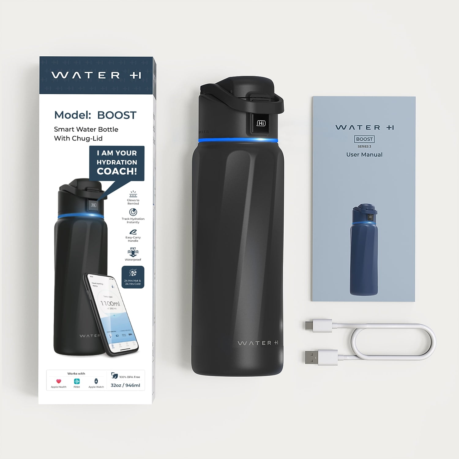 WaterH BOOST Stainless Steel Triple Wall Insulated Smart Water Bottle 32 oz. Black (B003BK)