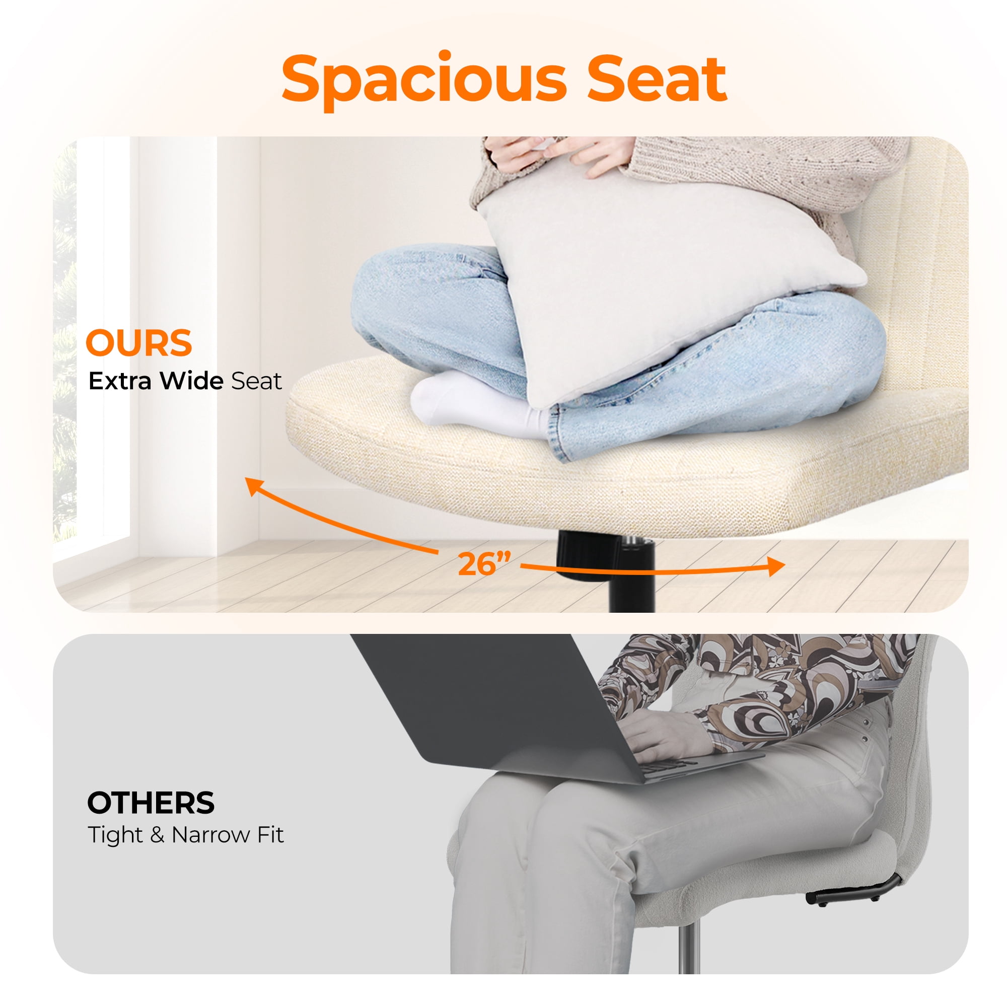 Orange Factory Criss Cross Chair Wheels Wide Cross Legged Office Desk Vanity Chair Comfy Fabric Armless Adjustable Swivel for Home Computer Task (Beige Wheel, Fabric)