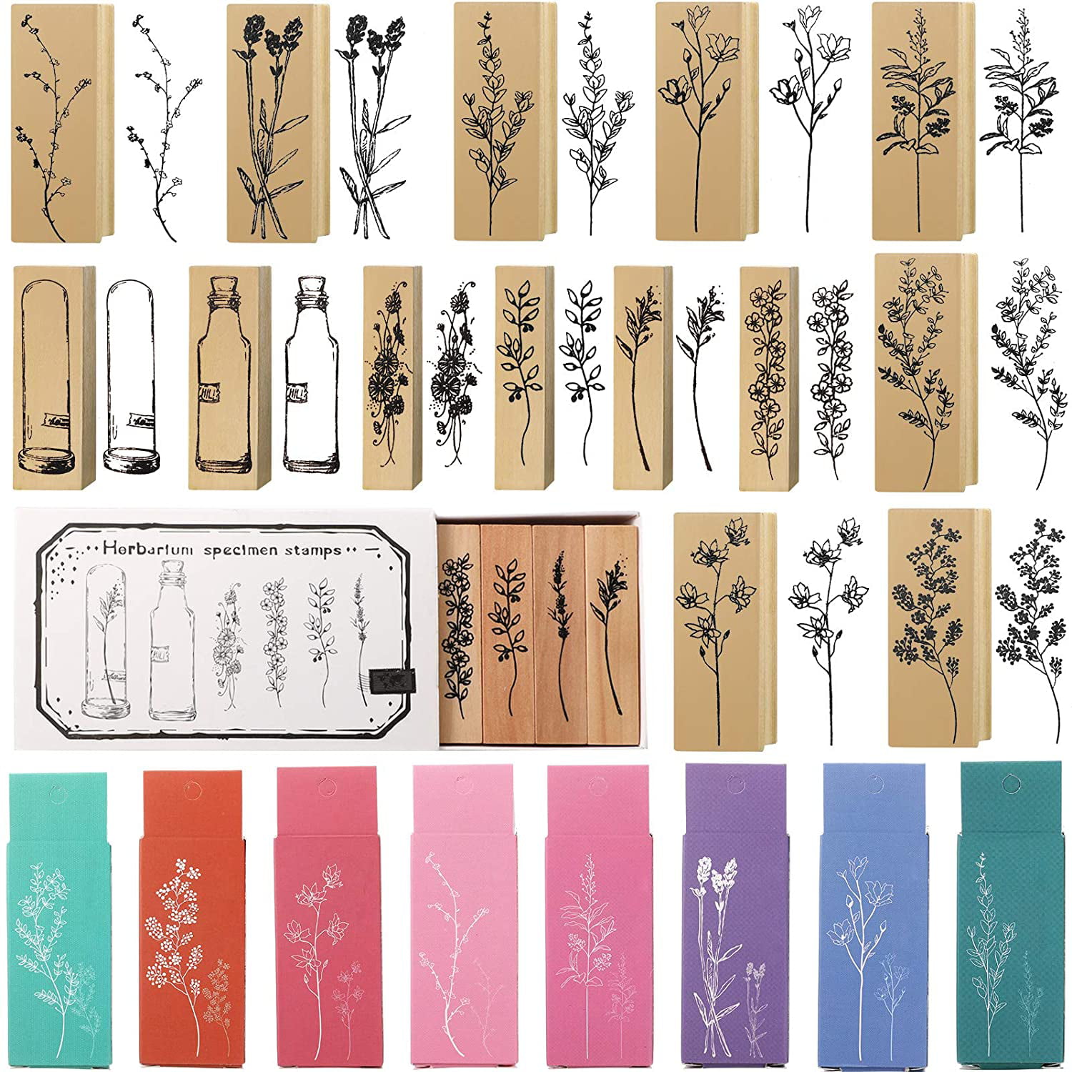 7 Pieces Vintage Wooden Rubber Stamps Plant and Flower Decorative Wooden Rubber Stamp Set for Journaling Crafting Scrapbooking and Card Making Adult Kids 