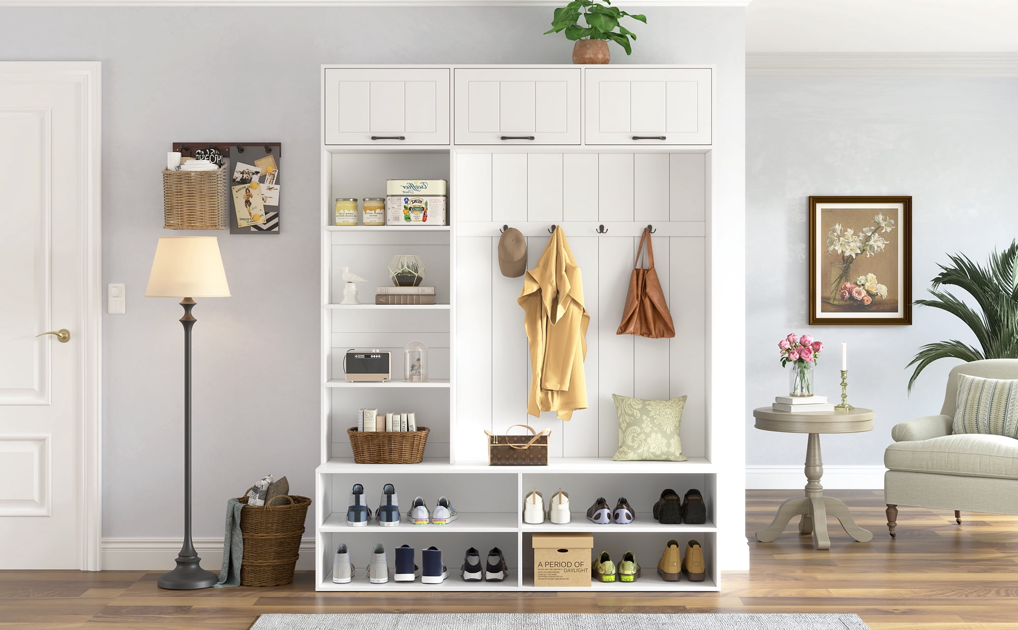 Mintazer 5-in-1 Farmhouse Hall Tree with Bench and Shoe Storage, 79"H Entryway Storage Organizer with Coat Rack & Hooks for Hallway, Living Room, White