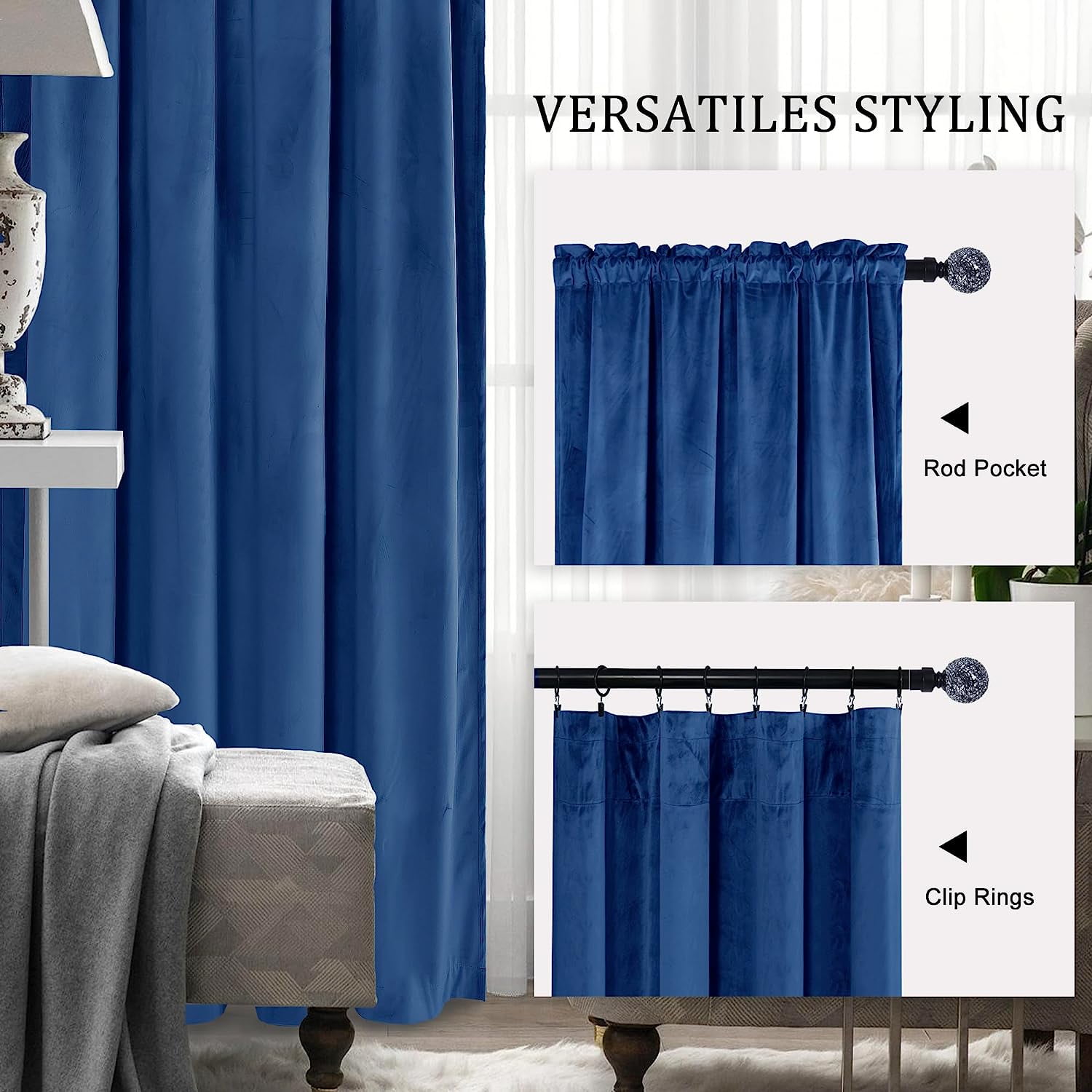 Hiasan Luxury Blue Velvet Curtain with Tiebacks-Blackout Curtains for Bedroom/Living Room, Rod Pocket, 52" x 96", Set of 2