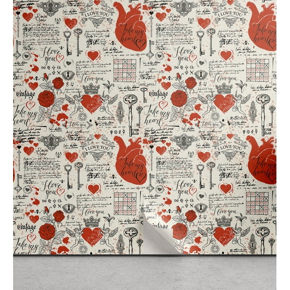 Ambesonne Floral Peel & Stick Wallpaper for Home, Retro Goth Lettering Heart, 13"x100", Eggshell Vermilion Grey