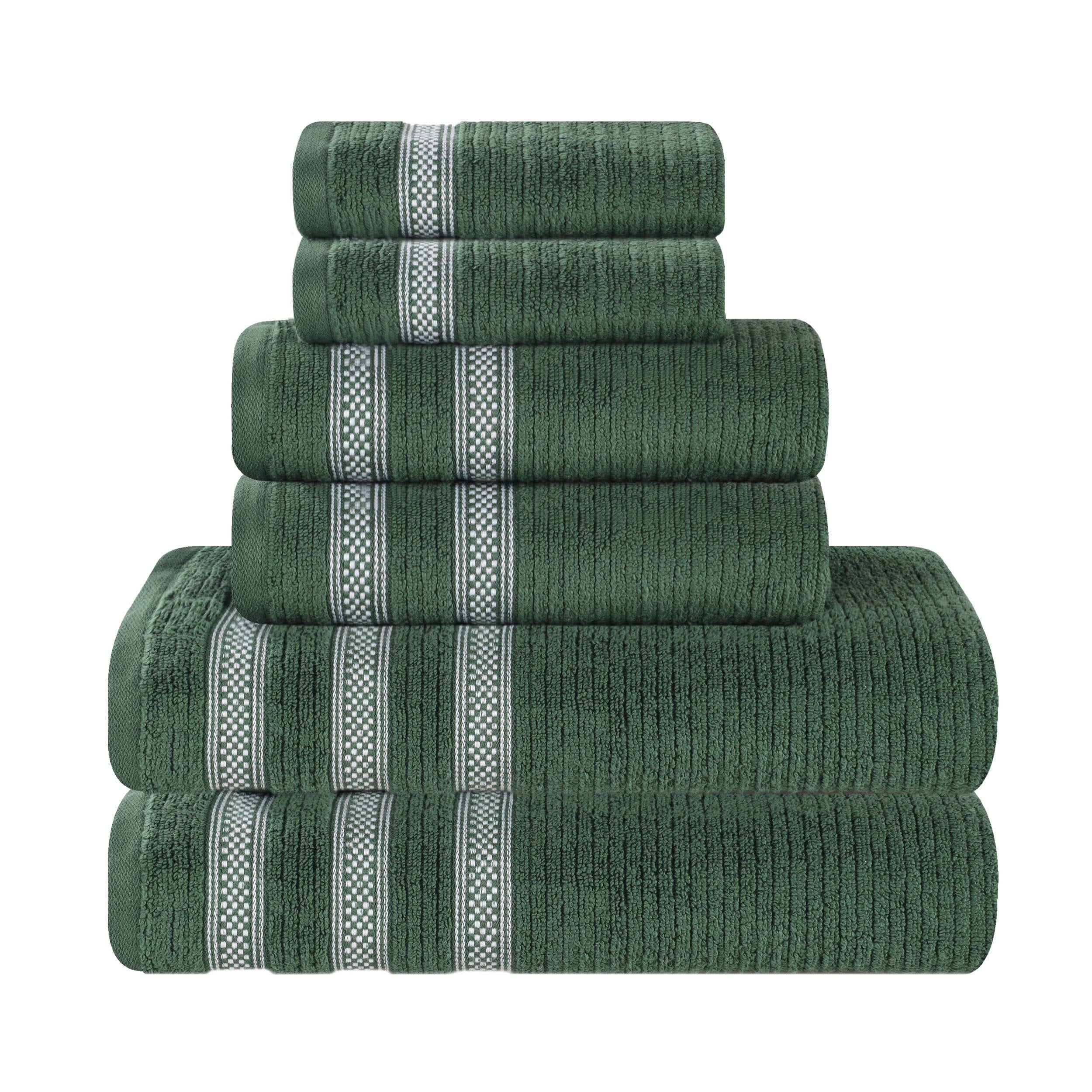 Superior Zero Twist Cotton Ribbed Geometric 6-Piece Towel Set, Ultra Soft Quick Dry, Forest Green