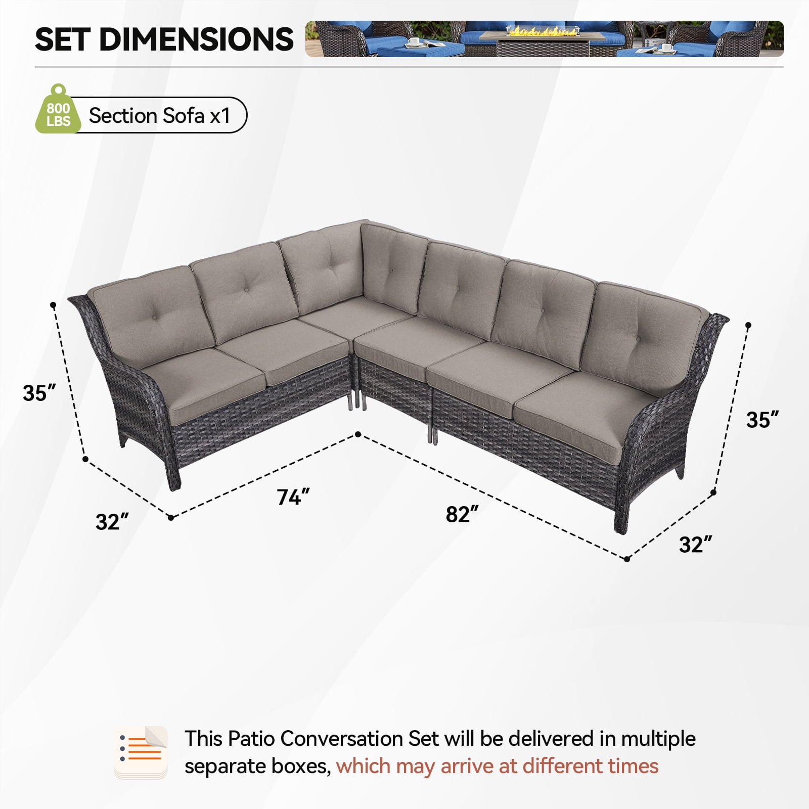 Gymojoy Outdoor Wicker Sofa Set Patio Furniture L-Shape Rattan Sectional with Coffee Table UV-Resistant for Backyard Balcony,Brown/Gray
