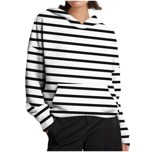 Women's Striped Hoodies Long Sleeve Hood Sweatshirts Loose Trendy Casual Sweater Hoodie Tops With Kangaroo Pocket (L, White)