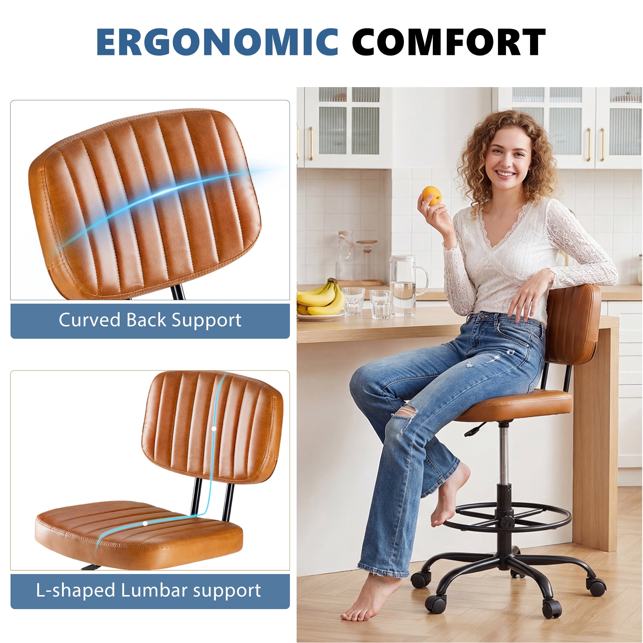 edx Adjustable Height & Foot Rest Office Desk Chairs with Backrest, PU Leather Modern Rolling Stool with Wheels 360°Swivel Task Chair for Home Office Bar Kitchen Shop(Brown)