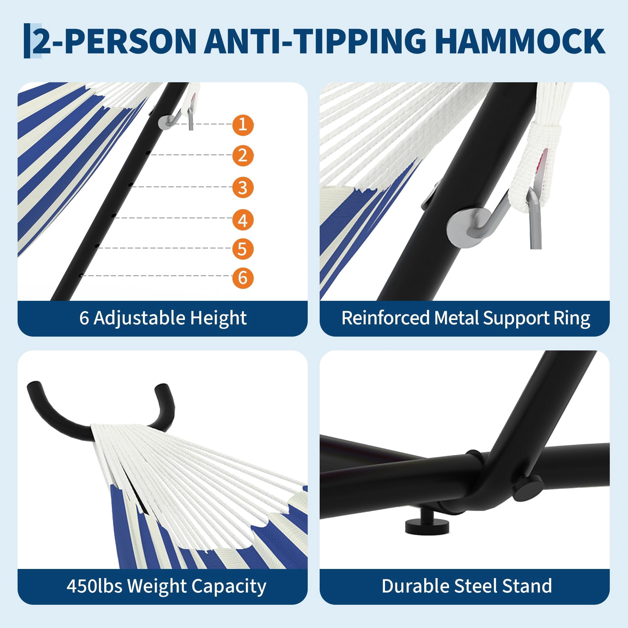 Portable Double Hammock with Heavy-Duty Steel Stand – 450 lbs Capacity, Durable Space-Saving Design, Polyester Cotton Fabric – for Outdoor, Patio, Garden, Camping, Carry Bag Included