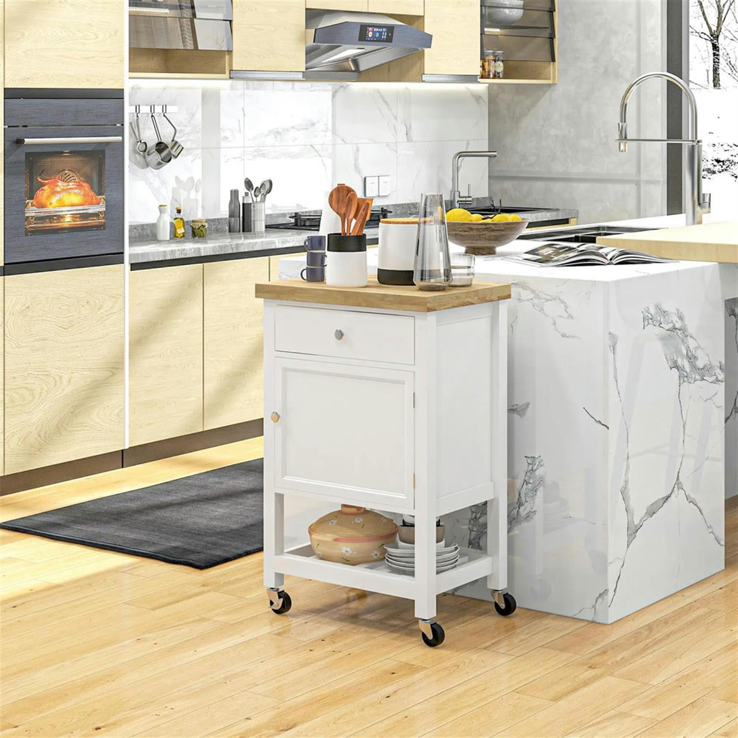 Demi Bonn Kitchen Island Cart on Wheels with Storage, Rolling Dining Room Serving Utility Carts Mobile Movable with Rubberwood Top and Drawer, White