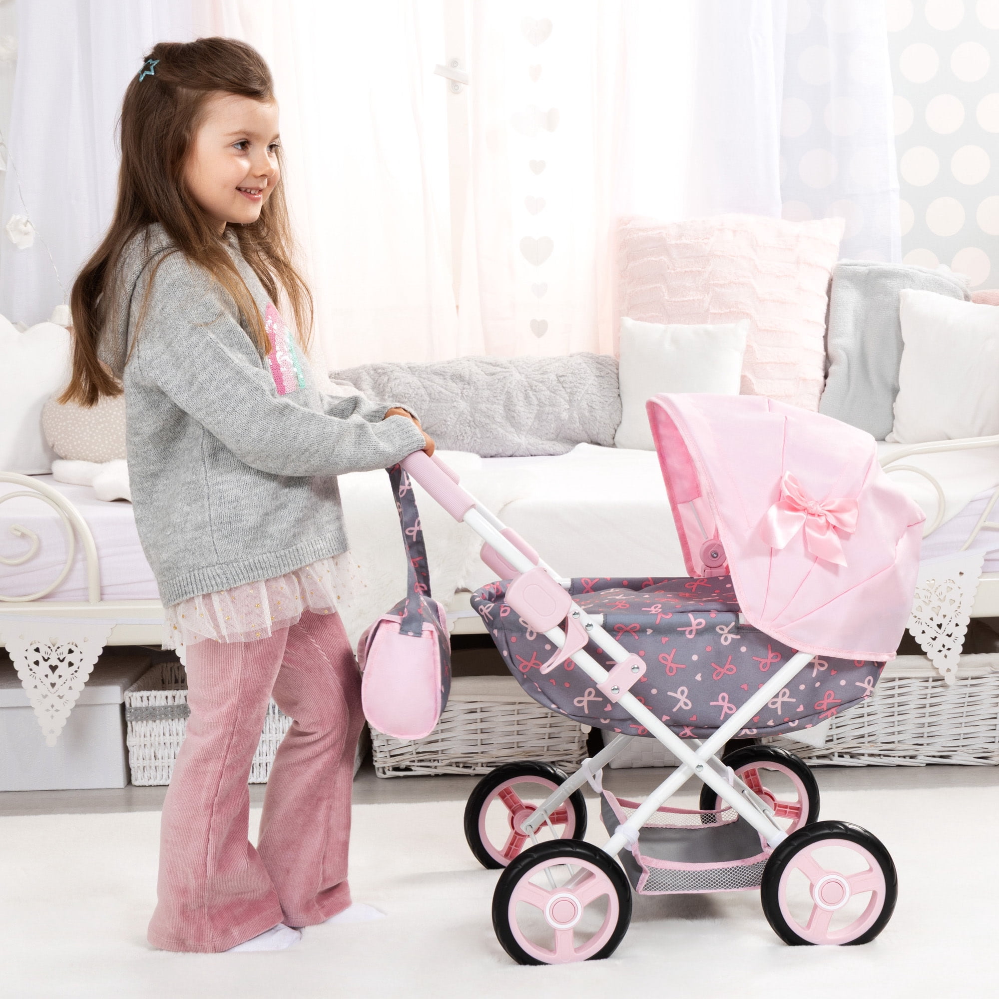 Bayer Design: Doll Pram Cosy - Pink-Grey-Ribbon - Play Push Stroller, Handbag, Blanket & Pillow, Folding, Toy Care Accessory Fits 18" Dolls, Kids 3+