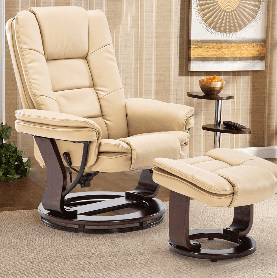 32'' Wide Manual Swivel Standard Recliner with Ottoman,Faux Leather,Beige